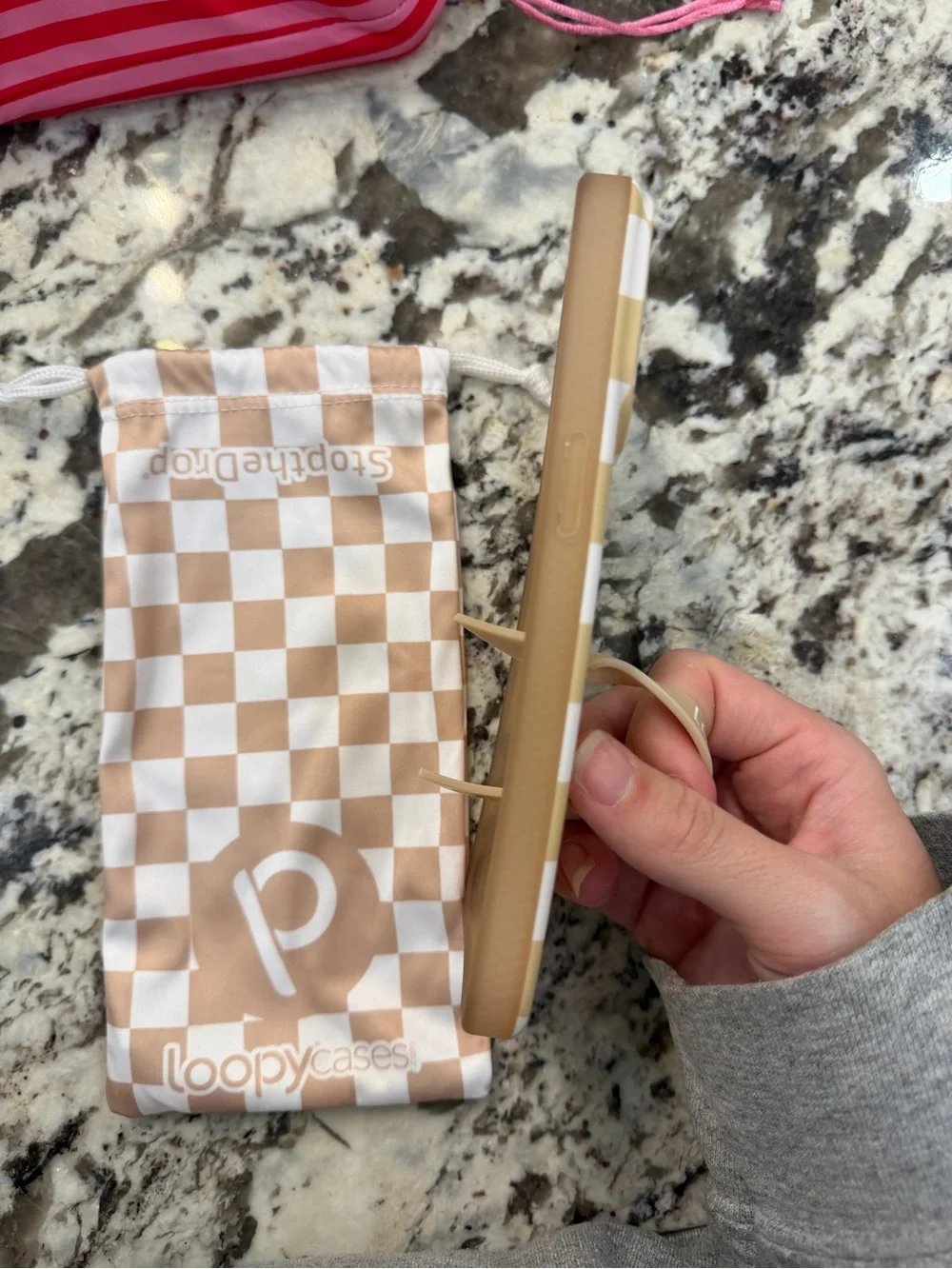 Loopy Case Beige and White Checkerboard iPhone Case with Loop Grip